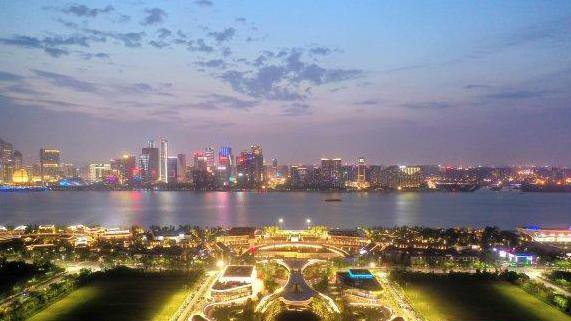 Bright illumination lit up Qianjiang River in Hangzhou